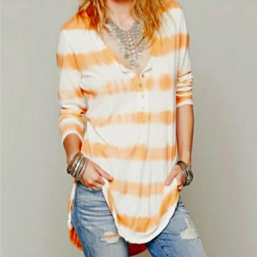 We The Free Free People Womens XS Ombre Stripe Henley Tunic Top Orange White